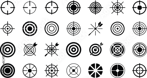 Set of black target icons and bullseye symbols including crosshairs and arrows isolated on white background for goal focus designs.