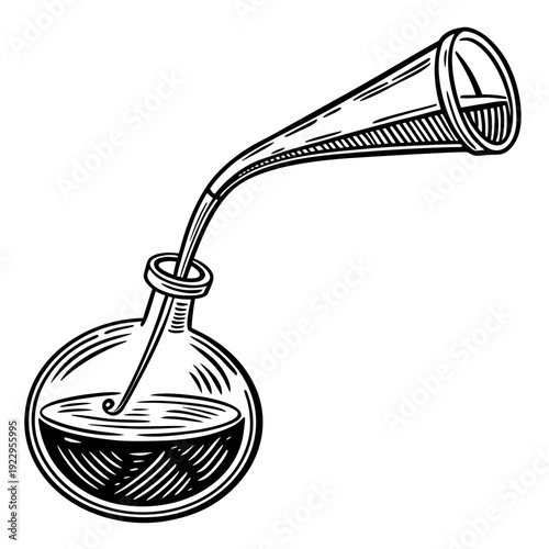 Detailed black‑and‑white drawing of a laboratory flask and funnel pouring viscous liquid, viewed from a front perspective