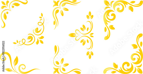 Set of elegant gold floral corner ornaments and decorative swirl elements isolated on white background for luxury wedding invitation designs.