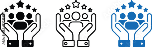 Customer care icon set with human figures in hands and stars above representing leadership teamwork and high quality service support.