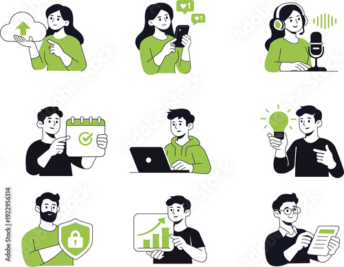 Set of modern flat style illustrations of people using digital technology. Business communication, social media, analytics, security, productivity and online work concepts.
