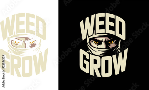 Ninja Mascot Logo with Weed Grow Typography for eSports and Apparel Design, Vector Illustration
