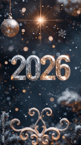 Vertical banner, wallpaper for social media of cinematic Christmas night scene featuring large, elegant 2026 numerals arranged vertically. The numbers are crafted in a luxury 3D style, filled