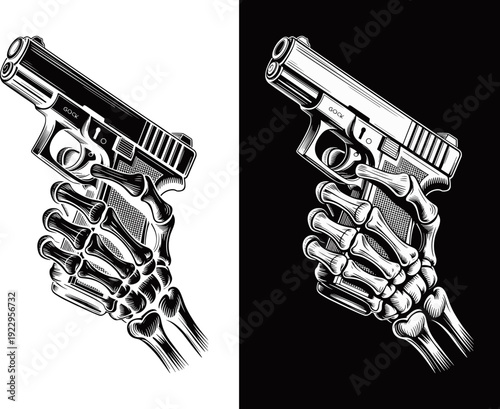 Skeleton Hand Holding Pistol Handgun, Vintage Engraving Style Tattoo Art, Flat Vector Illustration
