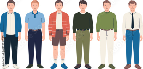 Young men character set in casual and smart outfits, full body male avatars in different clothing styles, flat vector illustration isolated on light background