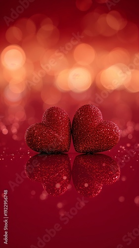 Vertical banner, wallpaper for social media of ultra-romantic macro still-life scene of two red glitter hearts resting closely together on a polished, mirror-like red surface. The hearts shimmer