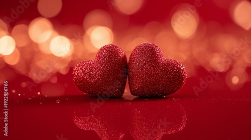 An ultra-romantic macro still-life scene of two red glitter hearts resting closely together on a polished, mirror-like red surface. The hearts shimmer with fine crystal-like glitter, catching tiny