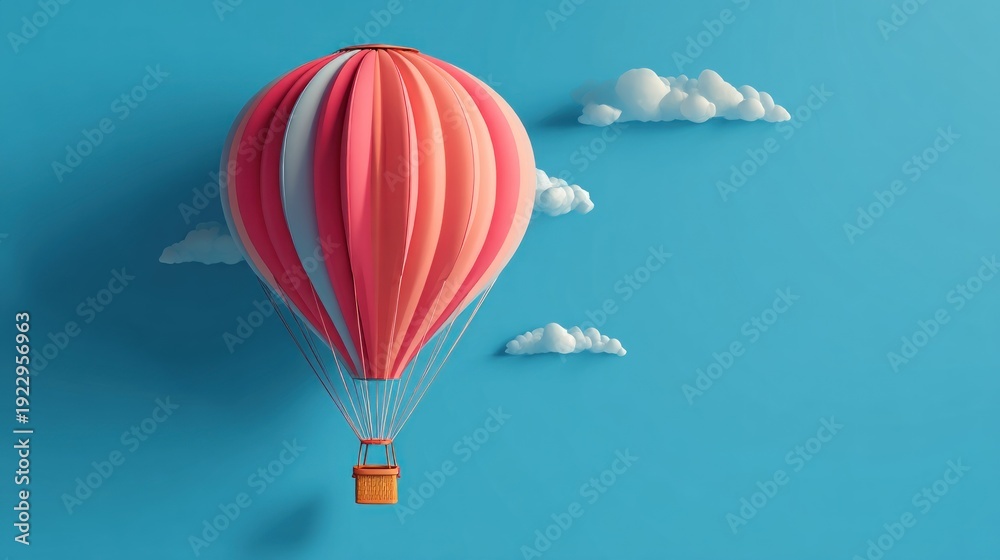 Fototapeta premium Pink and white hot air balloon against a light blue sky with small clouds
