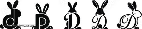 An engaging collection of five distinct black and white vector illustrations showcasing a clever integration of the letter D into various stylized rabbit forms, ideal for creative logo design 