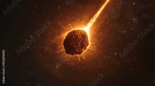Medium-wide sky shot. The asteroid shows texture and glow, surrounded by heated air. It is still far, not entering violently. The trail is visible but controlled. Cinematic realism.