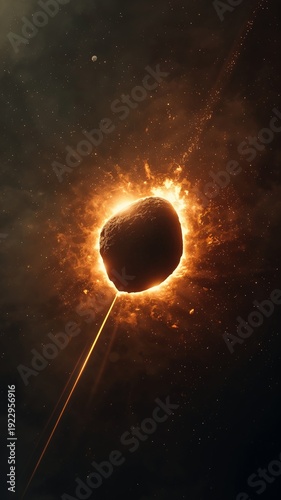 Vertical banner, wallpaper for social media of Medium-wide sky shot. The asteroid shows texture and glow, surrounded by heated air. It is still far, not entering violently. The trail is visible