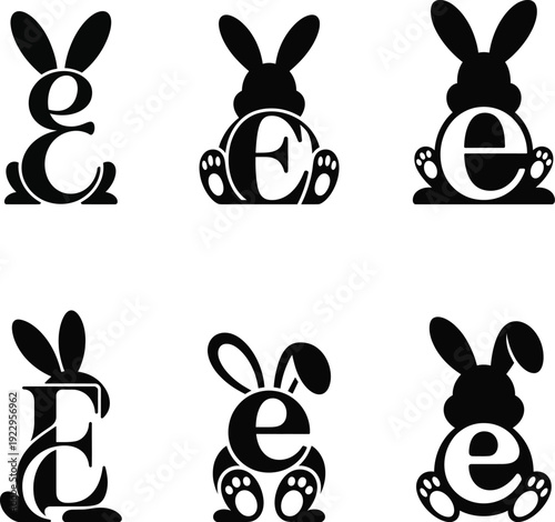 Collection of six unique vector graphic illustrations featuring various black silhouette rabbit designs seamlessly integrating the uppercase and lowercase letter 'e', ideal for easter and spring
