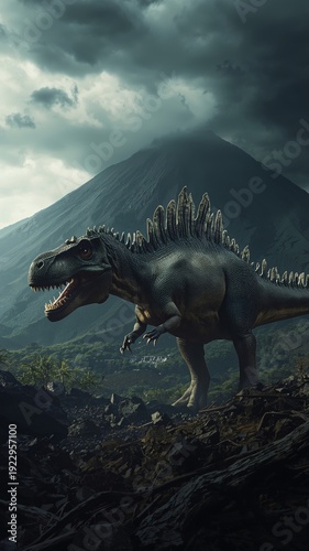 Vertical banner, wallpaper for social media of Ultra-cinematic still image, Brachyosaurus depicting the transition from the Trianic period to the Jurassic, fierce ancient period, dark ancient volcanic