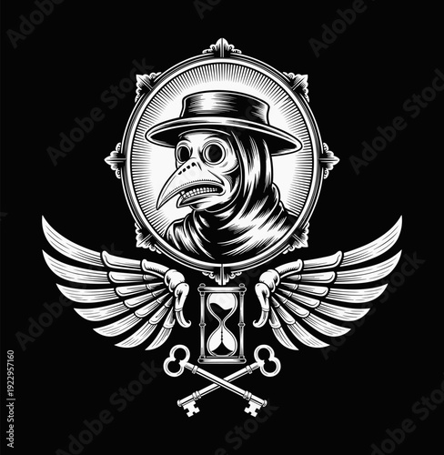 Vintage Plague Doctor Woodcut Illustration, Gothic Mask with Wings and Hourglass Flat Vector Art