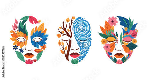Three colorful face illustrations composed of flowers leaves and abstract shapes