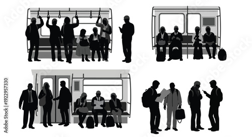 Silhouettes of commuters inside a subway train car repeated four times