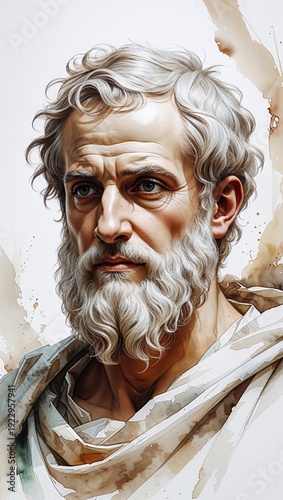 Vertical banner, wallpaper for social media of highly detailed, 8k Ultra HD, watercolor representation of Aristotle set against a pristine white background, with soft, blended brushstrokes