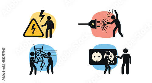 Electrical safety icons depicting hazards and safe practices