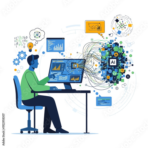 A professional businessman working on a laptop in an office setting illustrates a modern technology concept of global data connection and network communication