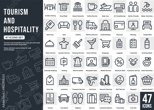 Tourism and Hospitality Line Icons Set – Hotel Services and Travel Facilities Vector