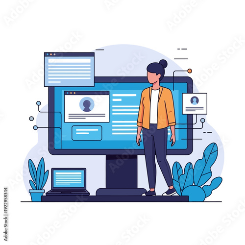 A vector illustration of a professional businessman working on his laptop in a modern office setting designed as a clean business icon