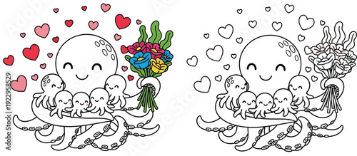 Adorable cartoon of a mother octopus clutching a bouquet of flowers and love while embracing her young Mother's Day coloring sheet vector art
