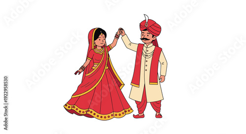 Cartoon illustration of an indian couple celebrating their wedding day