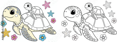 Adorable sea turtle family coloring page features a baby turtle, flowers, and starfish. It is a simple outline drawing of a marine animal
