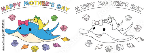 Cute cartoon mother octopus hugging babies holding flower bouquet and hearts. Color and black outline coloring page vector illustration for Mother's Day