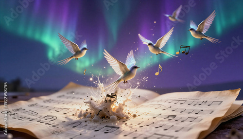Birds flying above open music sheet with aurora in night sky  