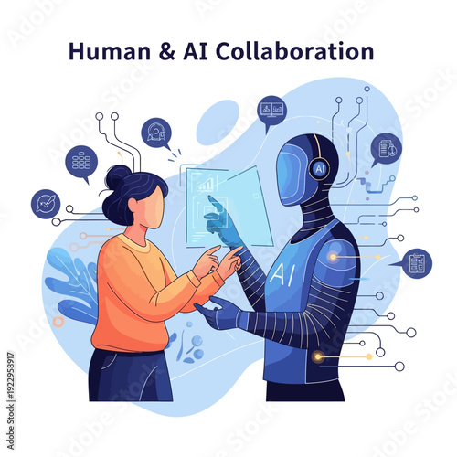 Cartoon vector illustration of a professional business man and woman working with a diverse team and technology icons to represent successful teamwork and health