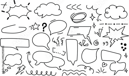 Set of hand drawn pencil speech doodles Set, emphasis, punctuation marks, underline, arrow, highlight text elements.