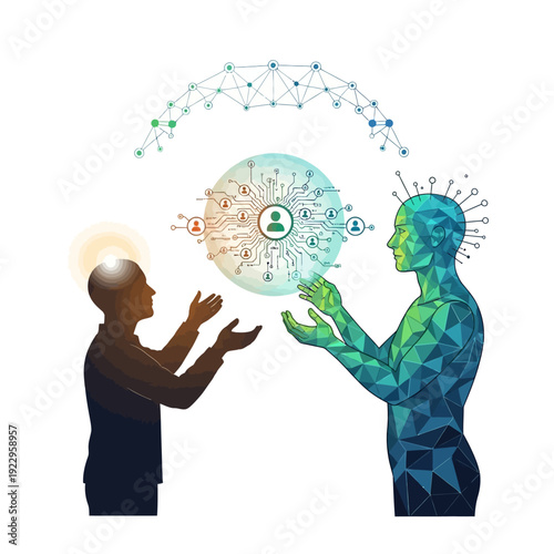 A creative businessman touches a digital button representing a human brain with gears to symbolize a successful technology concept and social network idea