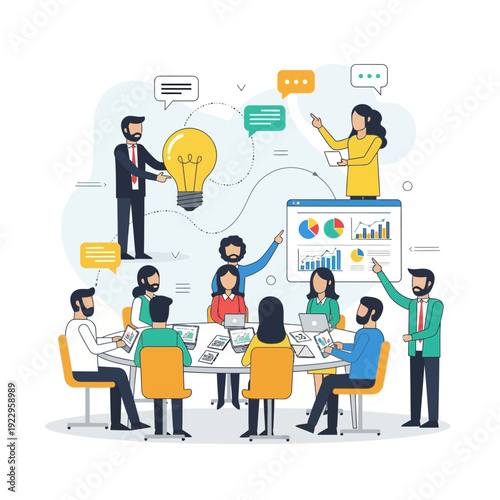 Cartoon vector illustration of business people using a laptop and mobile phone with speech bubble icons to represent a social communication network concept