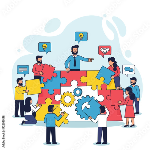 A flat vector illustration of a social media network concept featuring a community of business people connected through mobile technology icons and internet communication symbols for a web design