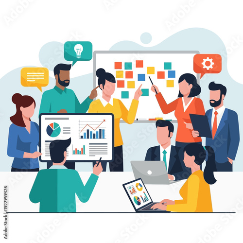 A flat cartoon illustration of a businessman using a laptop and mobile tablet to connect with people through a global social media network concept