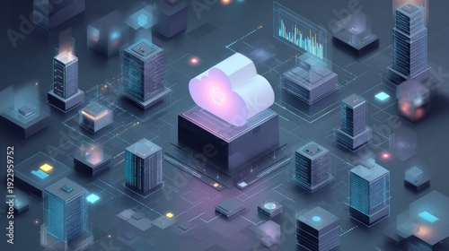 Isometric illustration of cloud computing infrastructure, showcasing interconnected data centers and digital networks