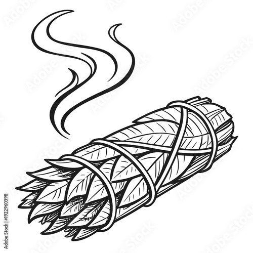 A smudge stick of dried sage leaves tied together with twine emitting smoke, illustrated from a diagonal viewpoint