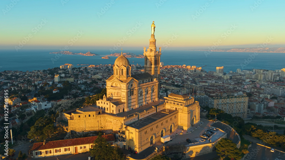 Fototapeta premium City Sunrise Scene, Morning Glow Over Marseille Port, Sunrise Bathes Lively Marseille Harbor In Light. France
