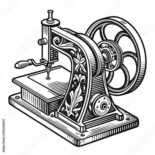 Vintage mechanical device illustration with intricate floral design on ornate metal base from an angled viewpoint