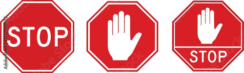 Red stop signs with white text and hand symbol