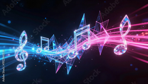 Abstract music notes with colorful waves on dark background  