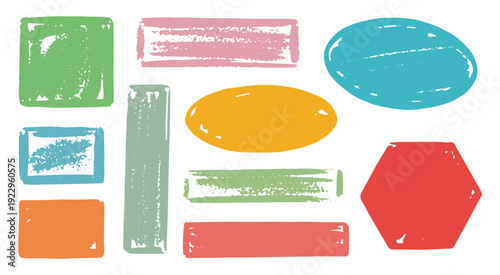 Assorted colorful geometric shapes with textured brush strokes