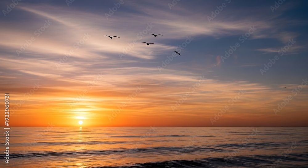 Obraz premium Sunset over calm ocean water horizon.