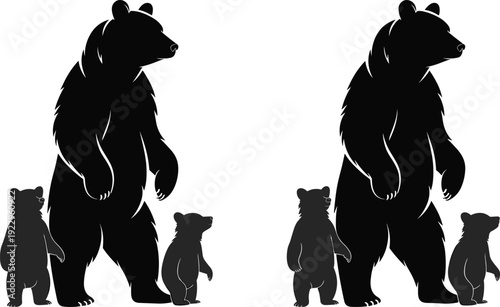 Black bear family silhouette illustration featuring standing grizzly bear with two cubs, wildlife vector graphic isolated on white background, animal icon design for nature themes