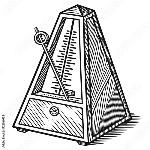 A metronome is positioned on a flat surface as an illustration from a straightforward viewpoint.