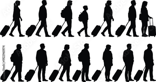 Collection of diverse travelers silhouettes walking with rolling suitcases isolated on white background, airport passengers in motion with luggage bags and backpacks vector illustration