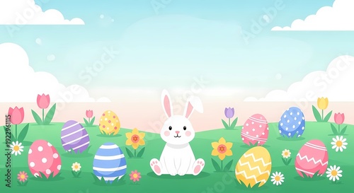 Easter Background with Cute White Bunny and Colorful Painted Eggs in Spring Meadow with Flowers and Blue Sky Banner