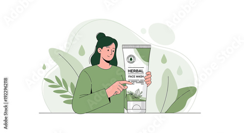 Woman Holding Herbal Face Wash Tube with Natural Ingredients, Skincare Product