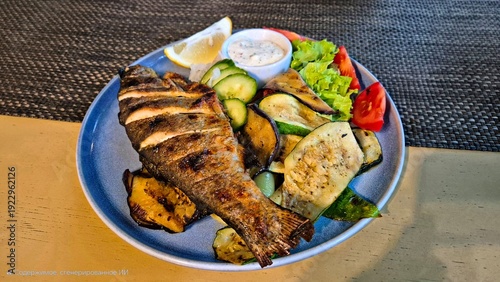 Obraz na plátne Grilled fish with variety of fresh vegetables served on plate for lunch